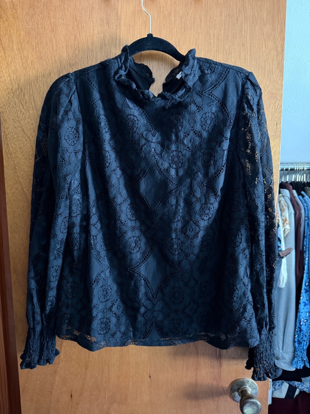 Ultra Pink Black Floral Lace Ruffle-Neck Blouse